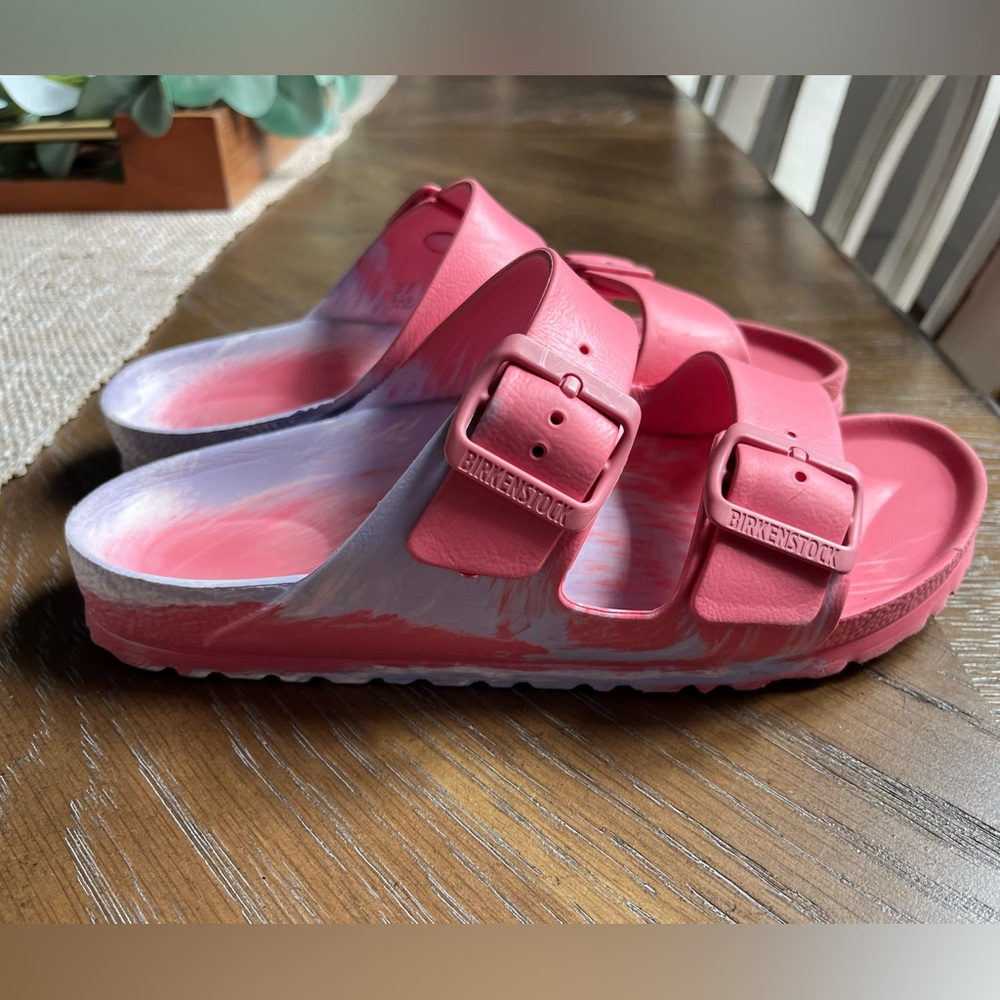 Birkenstock Arizona EVA Size 37 Pink, Purple & White Tie Dye Effect